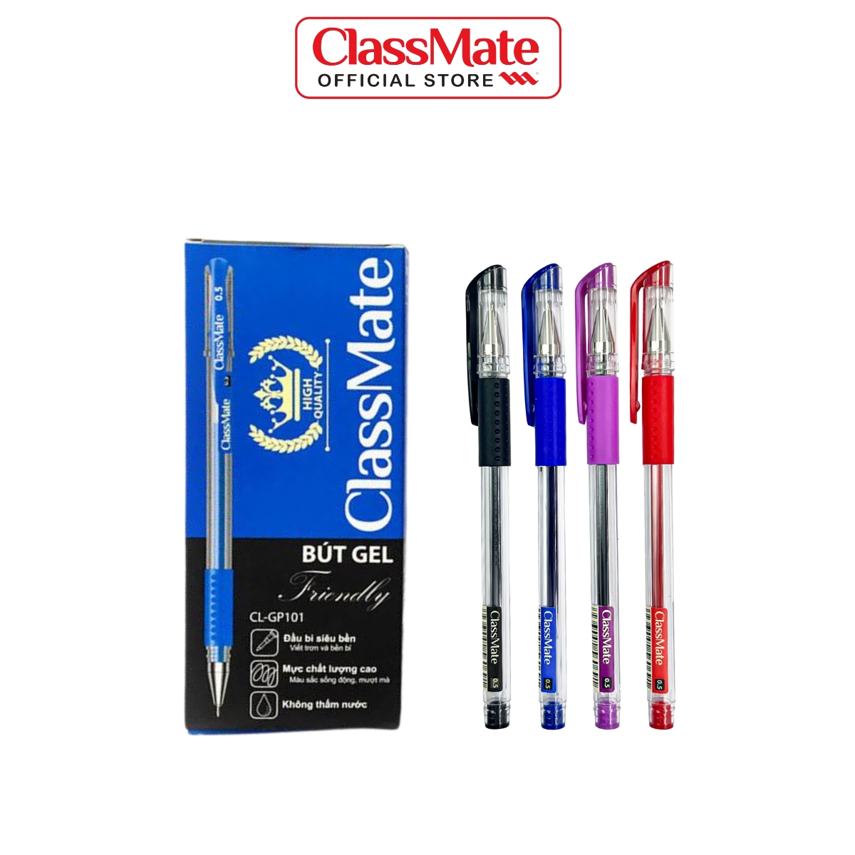 Hộp 12 Chiếc Bút Gel CLASSMATE Ngòi 0.5mm, Mực đều Nét trơn, Dành Cho Học Sinh CL-GP101