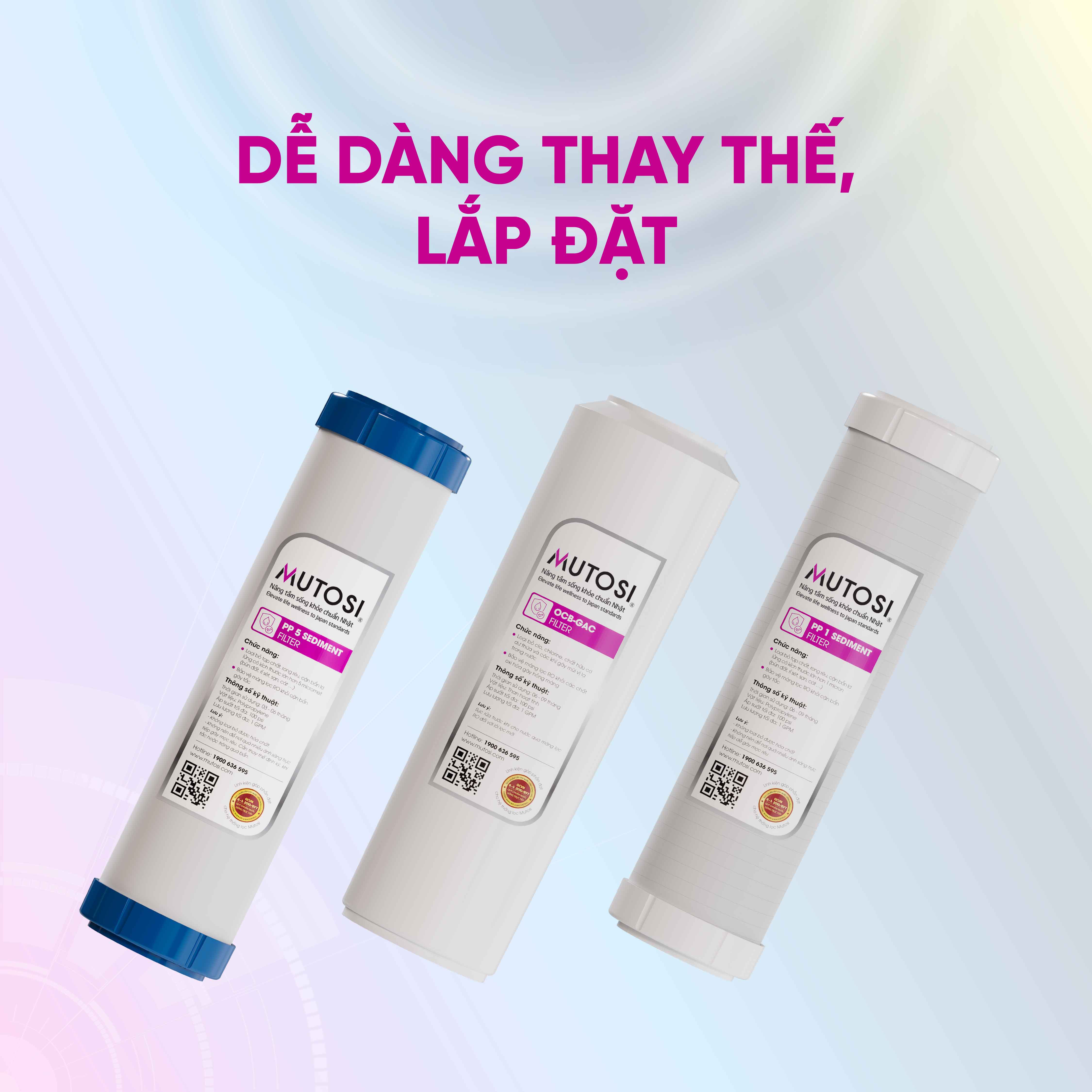 Combo 3 Lõi lọc nước Mutosi 1,2,3 - Lõi lọc thô - Thay được 90% máy lọc nước RO trên thị trường