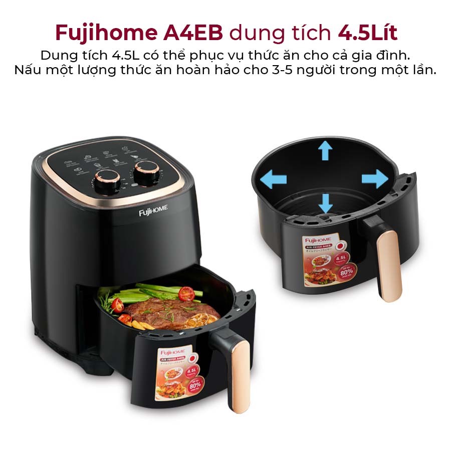 Nồi chiên không dầu cơ nhập khẩu Nhật Bản 4.5L Fujihome A4EB tự ngắt an toàn tặng kẹp inox - hàng chính hãng