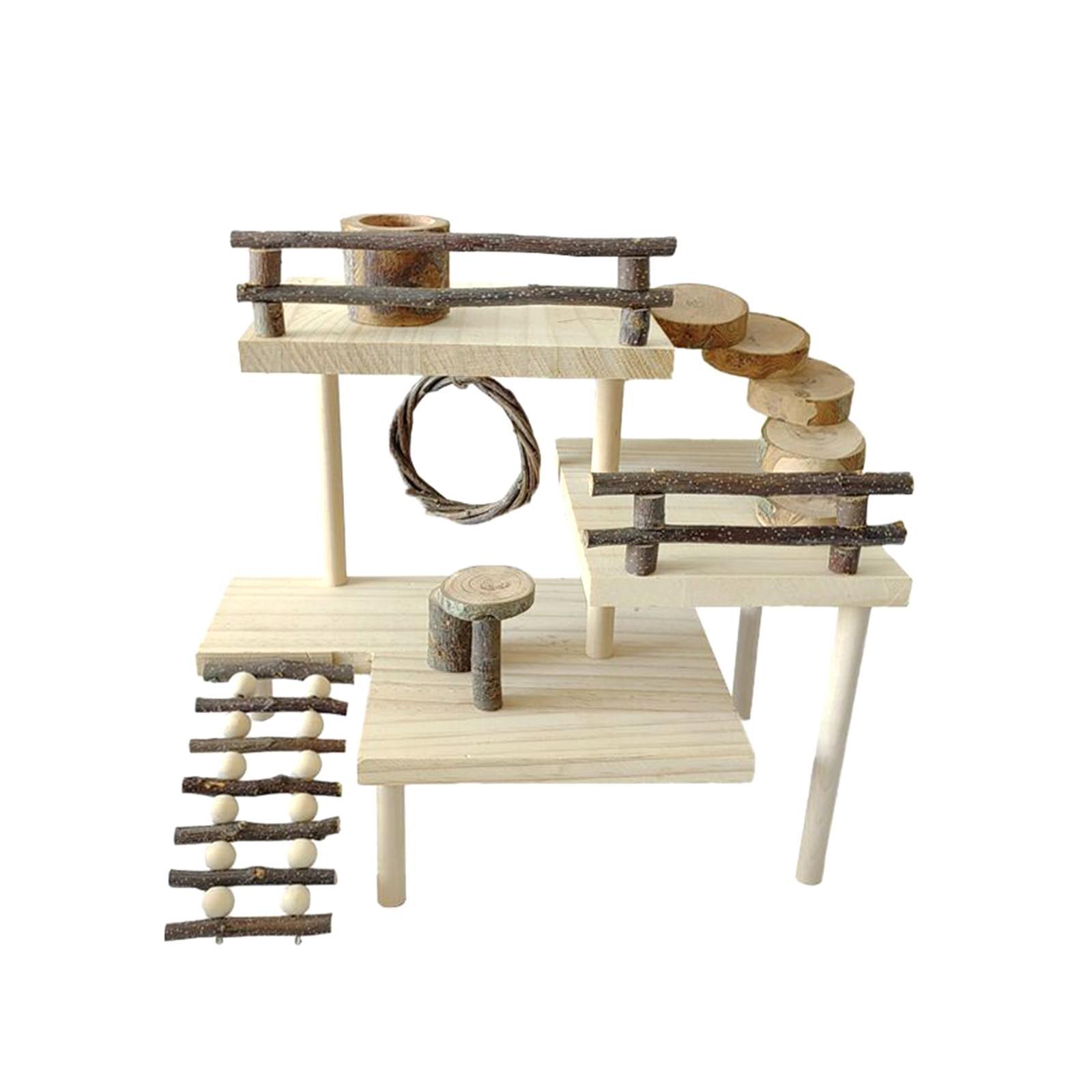 3 Layers Hamster Toy, Habitat Stand Table with Fence Climbing Ladder Natural Wooden Platform for Squirrel Hedgehog Pets Dwarf Hamster Gerbil
