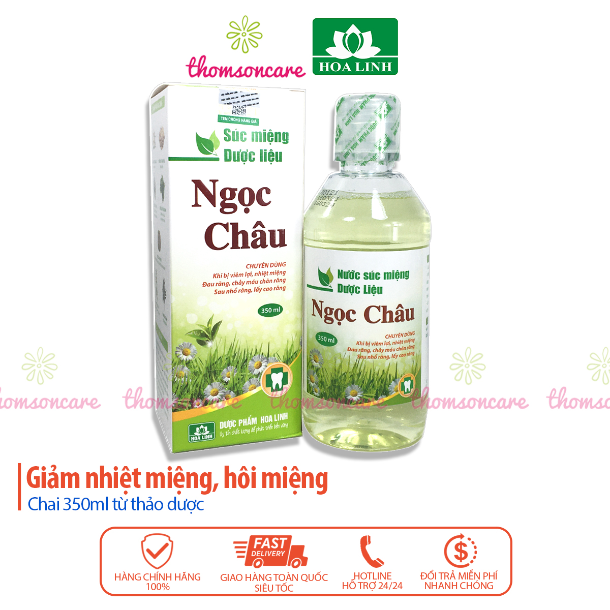 Nước súc miệng dược liệu Ngọc Châu - Giảm nhiệt, hôi miệngg, làm trắng, chống sâu răng - Từ trà xanh, bạc hà, tinh dầu tràm - Chai 350ml