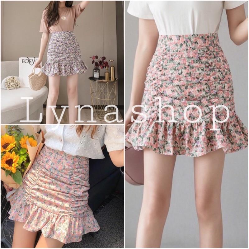 Chân váy hoa nhí Chân Váy Nữ Hoa Nhí Nhúm Vạt Bèo Váy Nữ Hoa Cạp Cap 3 Màu, chân váy ngắn nữ hình hoa nhỏ xinh xắnnnn
