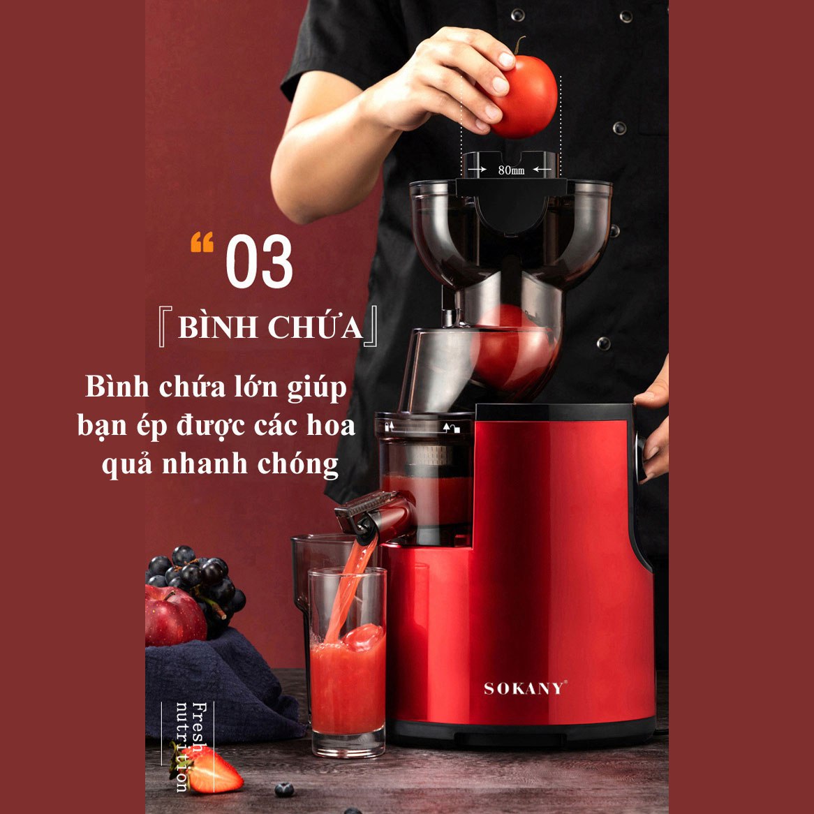 Máy ép chậm SOKANY ép kiệt nước hoa quả, máy làm kem lạnh công suất cực lớn 300W - SK25R  - HÀNG CHÍNH HÃNG - DELIYA