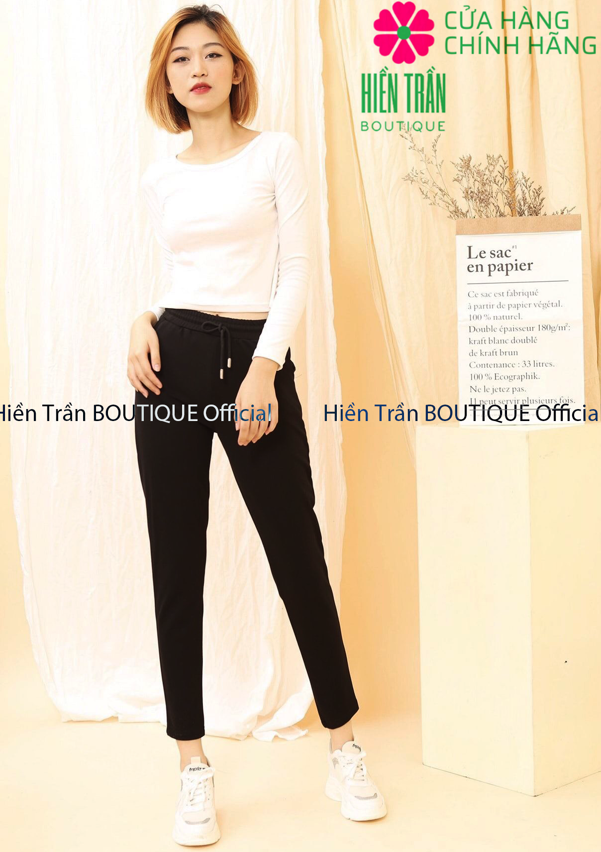 Quần jogger nữ Hiền Trần BOUTIQUE dáng dài cạp chun dây buộc kiểu dáng trơn basic