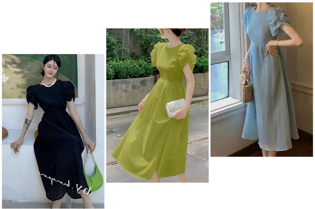 ĐẦM XÒE XỐP TAY NHÚN CỔ TRÒN 12973