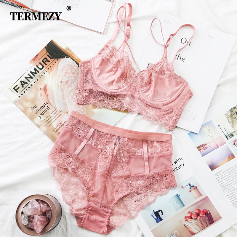 TERMEZY Cổ Điển Băng Ngực Màu Hồng Bộ Quần Lót Đẩy Lên Áo Bộ Đồ Lót Ren Gợi Cảm Cao Cấp Quần Lót Cho Nữ quần lót