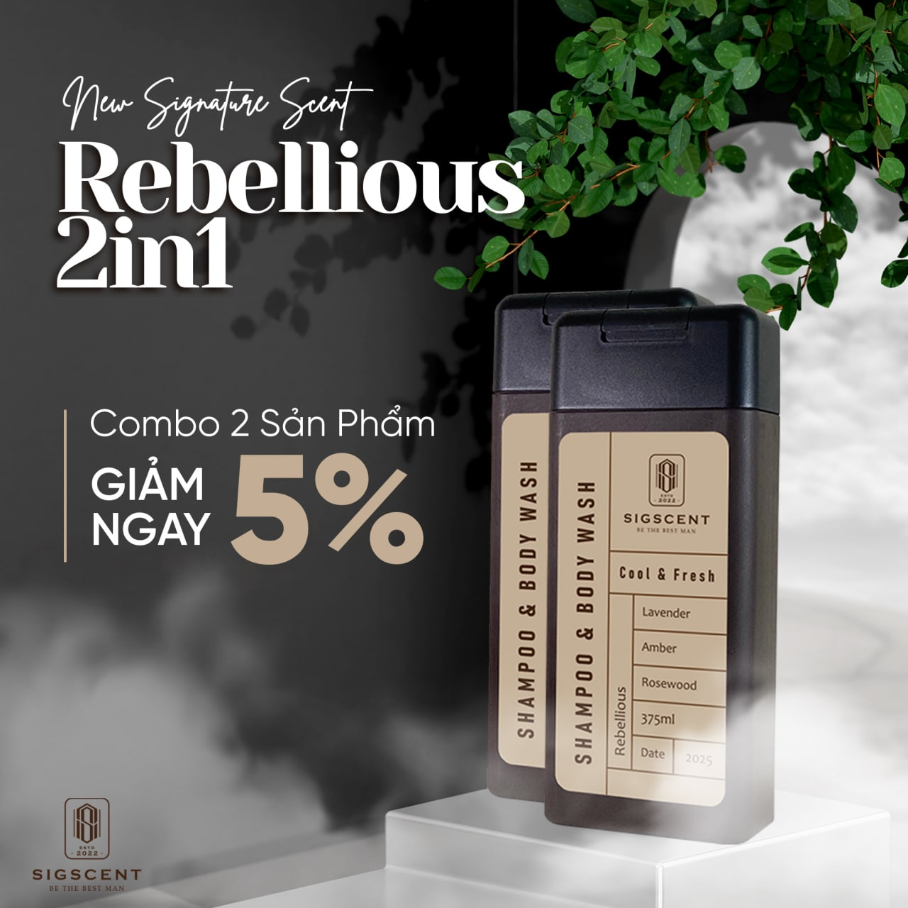 Sữa tắm dầu gội cho nam hương nước hoa 375ml Rebellious thương hiệu SIGSCENT - COMBO 2