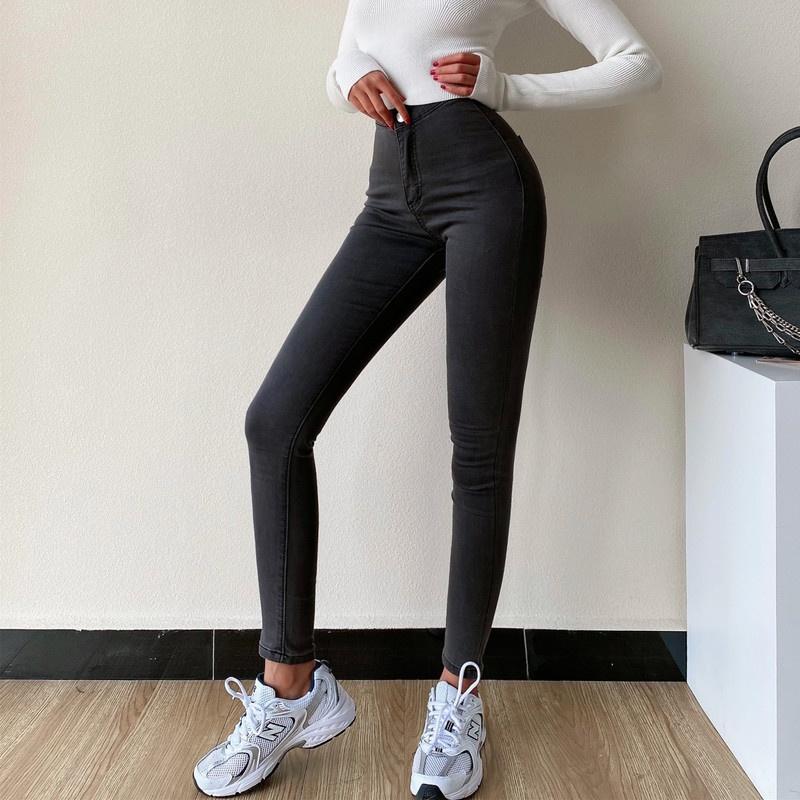 Quần jean nữ lưng cao co giãn dáng ôm không túi CHERRY, quần bò nữ cạp cao ôm bigsize trơn chất đẹp dài basic T021