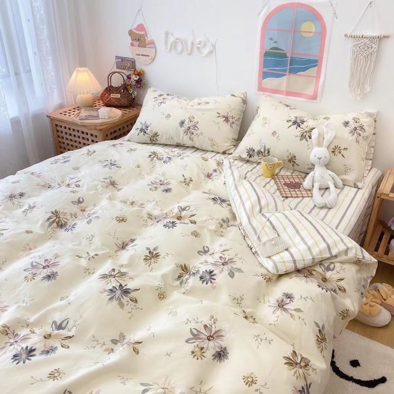 Set Ga Gối Cotton Living 100%cotton Hàng Nhập Khẩu Cao Cấp 4 Món Hoa Trắng Vintage