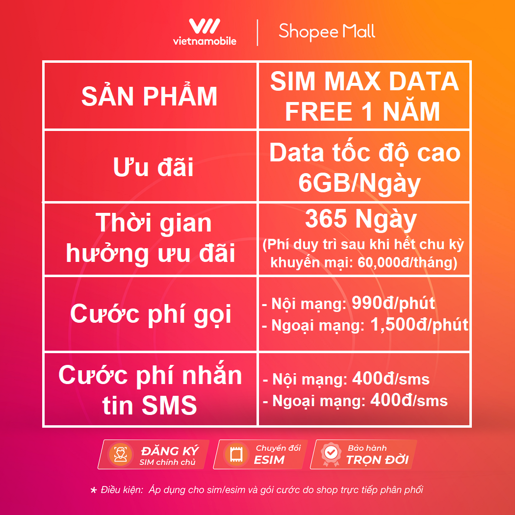 SIM MAX DATA 4G VIETNAMOBILE 6GB/Ngày. Trọn Gói 1 Năm - Hàng Chính Hãng