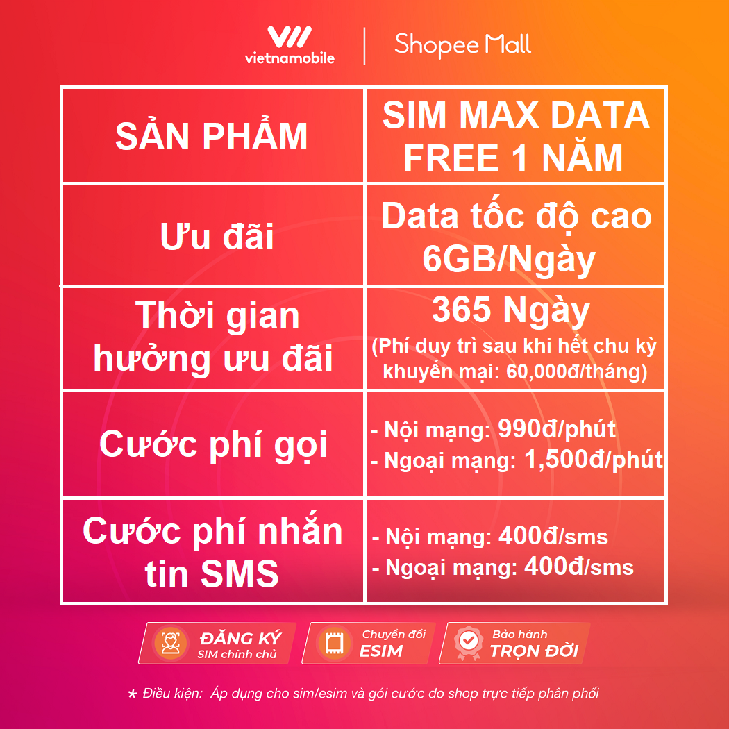 SIM MAX DATA 4G VIETNAMOBILE 6GB/Ngày. Bắt Buộc Kích Hoạt Sim Qua App Của Nhà Mạng Để Dùng. Trọn Gói 1 Năm - Hàng Chính Hãng