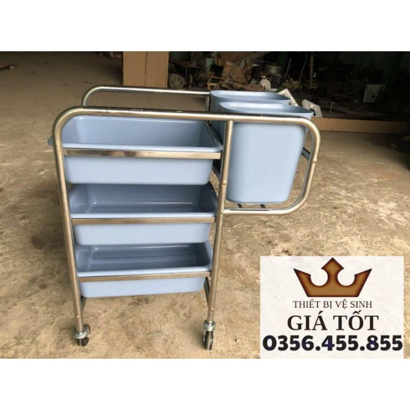 Xe đẩy thu dọn thức ăn,xe thu gom chén đũa inox chân thẳng