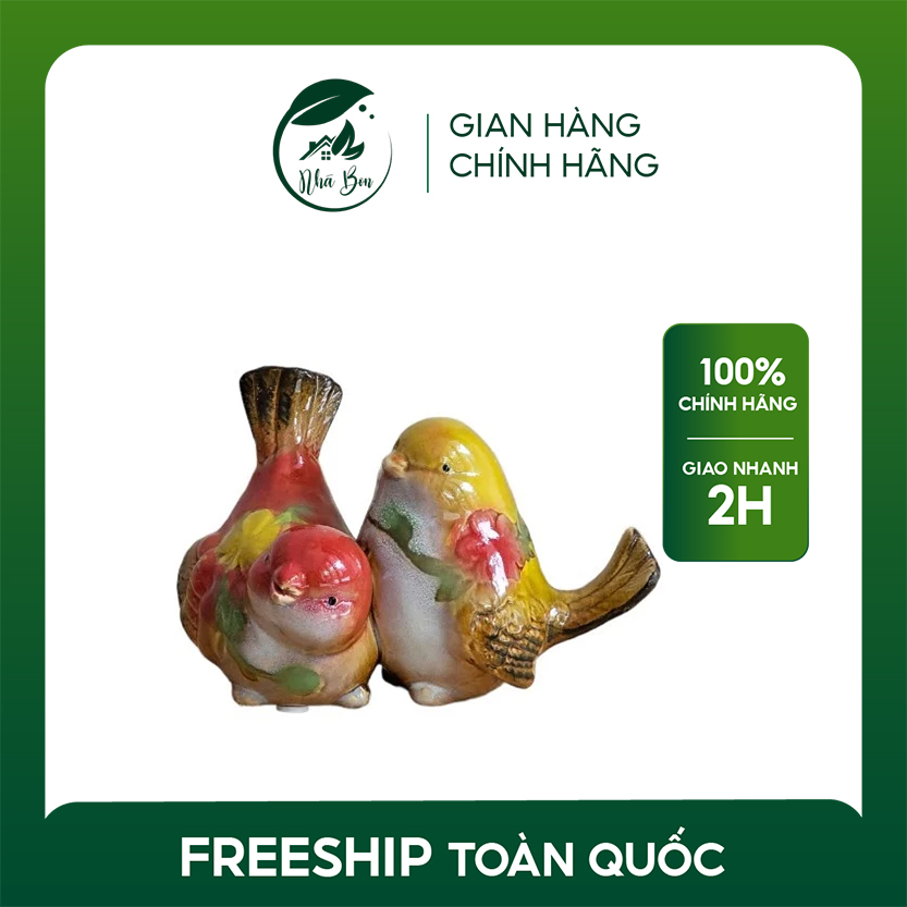 Set 2 Tượng Gốm Hình Chú Chim Hoa Đào, Màu Sắc Sặc Sỡ