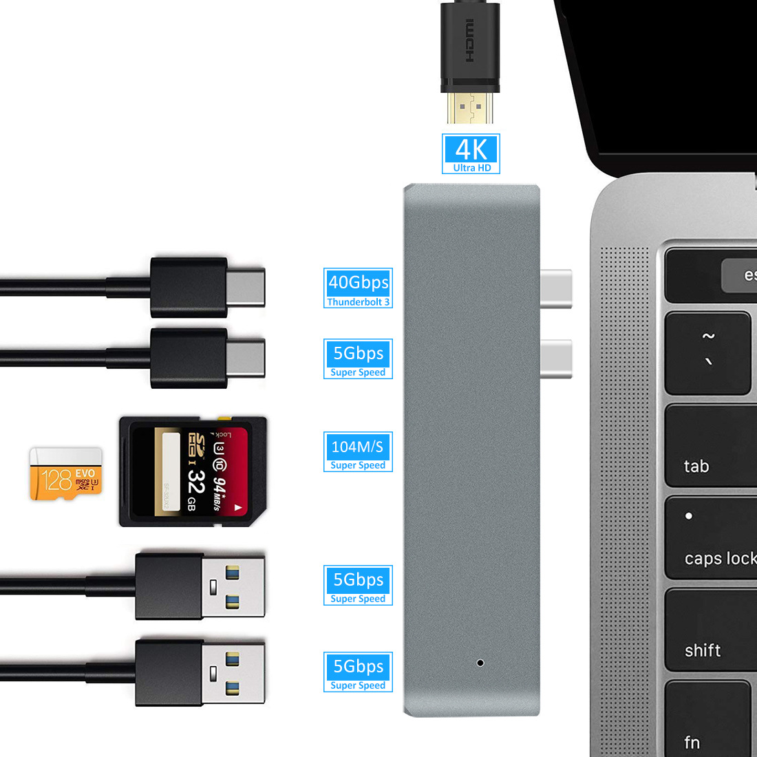 Hub Chuyển Đổi USB Typec Thunderbolt 3 to HDMI 7 Trong 1 SeaSy, Cổng HDMI 4K, Cổng Thunderbolt 3 Tốc Độ 40Gbps, Cổng TypeC Tốc Độ 5Gbps, 2 Cổng USB 3.0, Khe Đọc Thẻ Nhớ SD / TF, Dùng Cho Macbook Pro/Macbook Air – Hàng chính hãng