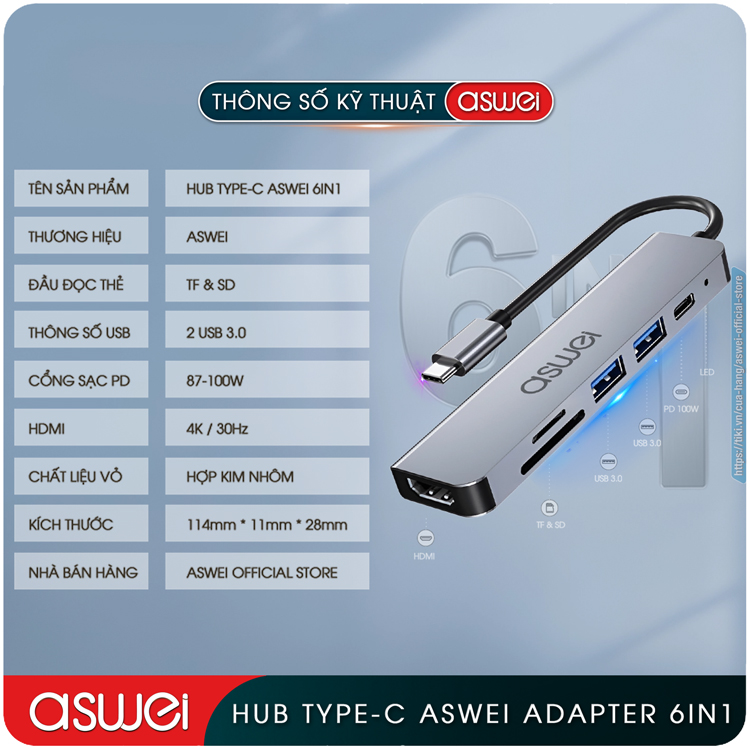 Hub Type C ASWEI 6 in 1 To HDMI, USB 3.0, SD, TF, PD - Hub Chuyển Đổi USB Type C 6 Cổng - Cổng Chia USB, Ổ Chia USB Tốc Độ Cao Dành Cho MacBook, Tivi, Laptop, PC, Máy Tính Bảng, Smartphone – Hàng Chính Hãng