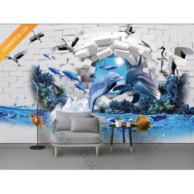 Tranh phong cảnh cá heo phá tường,Tranh 3d dán tường hiện đại trang trí phòng khách phòng ngủ(tích hợp sẵn
