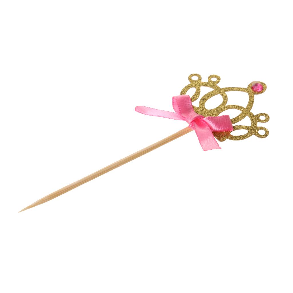 10pcs/set Crown Cake Topper Cupcake Picks with Ribbon Pink and Gold