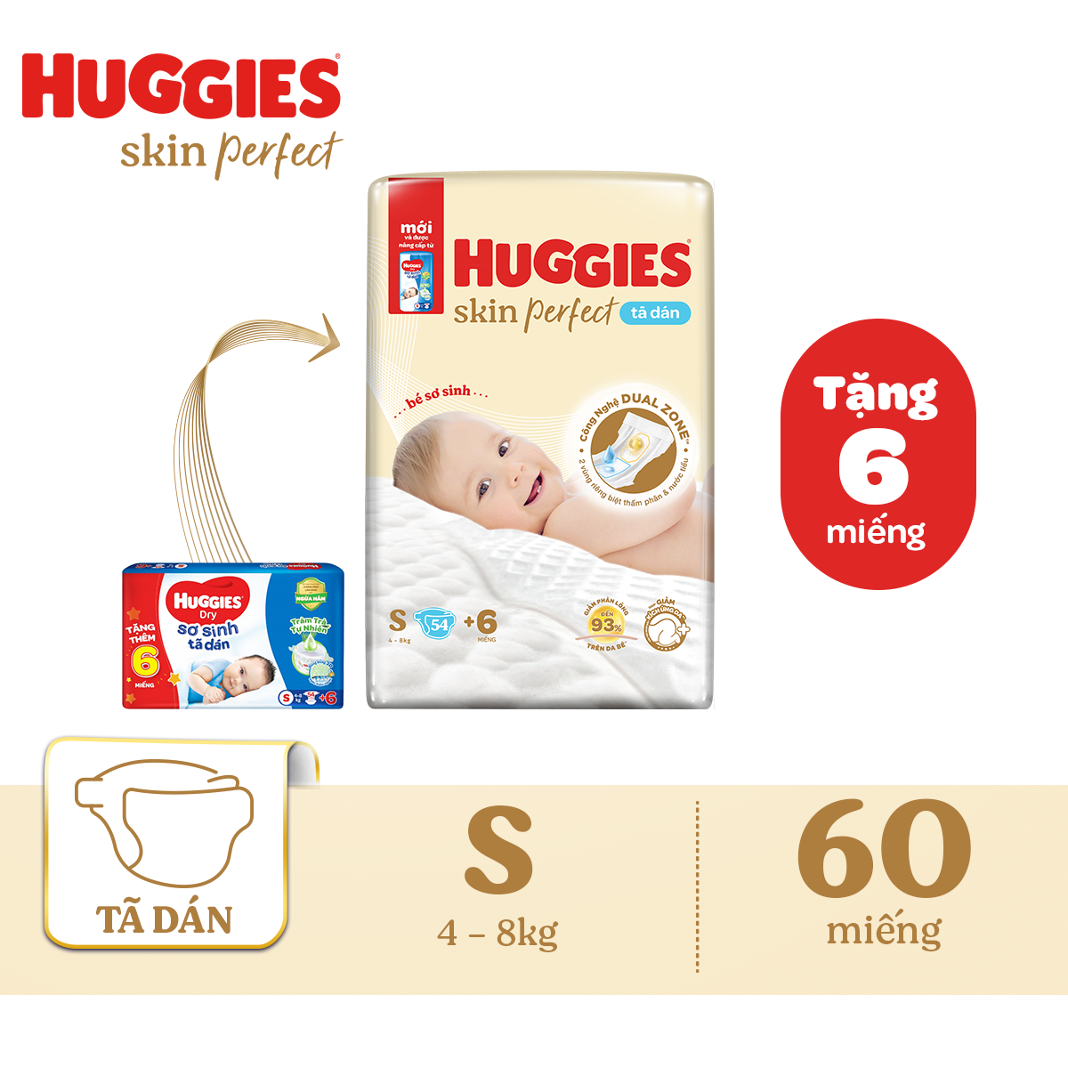 Hình ảnh Tã/bỉm dán sơ sinh Huggies Skin Perfect S 54+6 miếng với 2 vùng thấm giảm kích ứng da