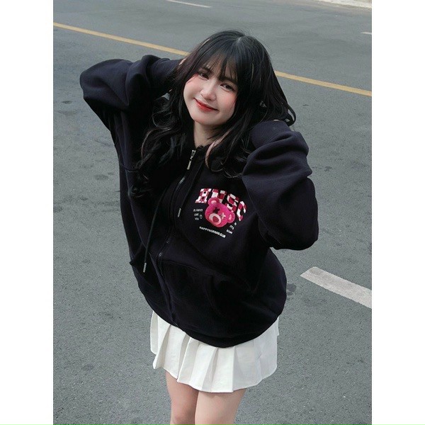 ÁO HOODIE - ÁO KHOÁC NỈ NGOẠI Dây full zip HOOIDE MỚI in GẤU HỒNG LOTSO mẫu 2