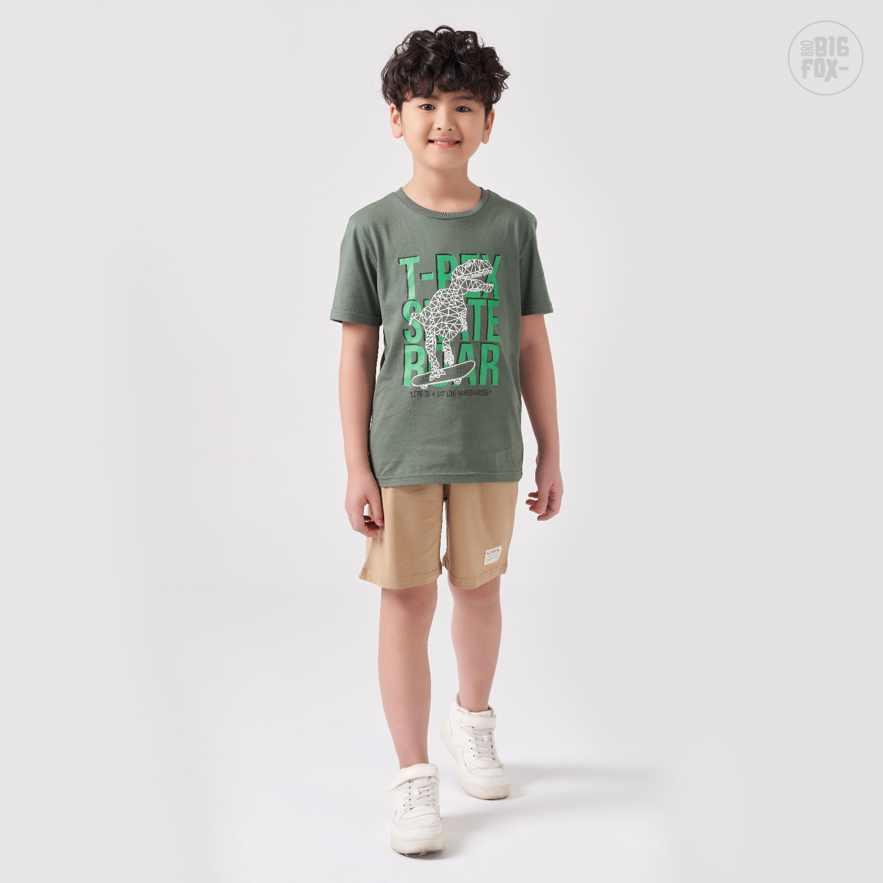 Bộ quần áo bé trai cộc tay BIGFOX - MISS MEOW size đại mặc nhà mùa hè chất cotton phong cách Âu Mỹ in khủng long T- Rex size trẻ em 3-11 tuổi 30kg 40kg QATE