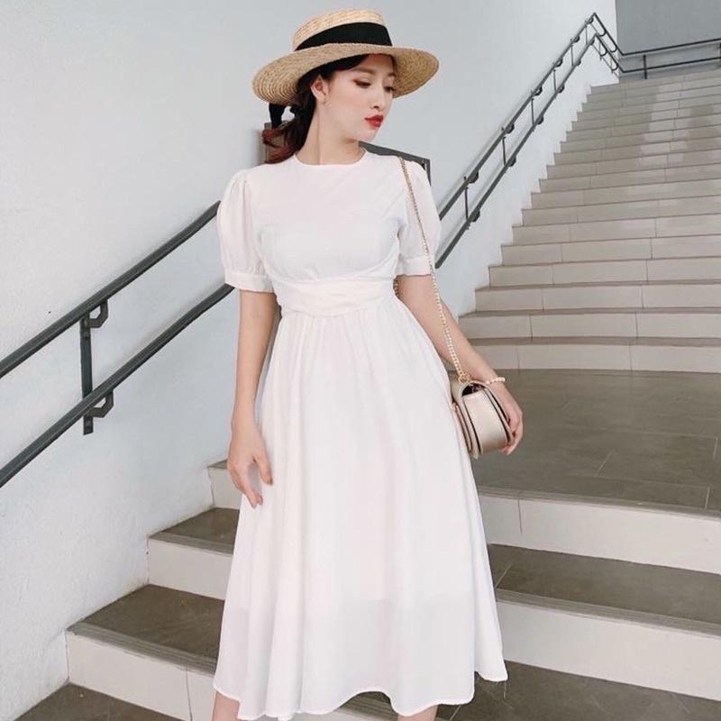 Đầm trắng cổ tròn chéo eo