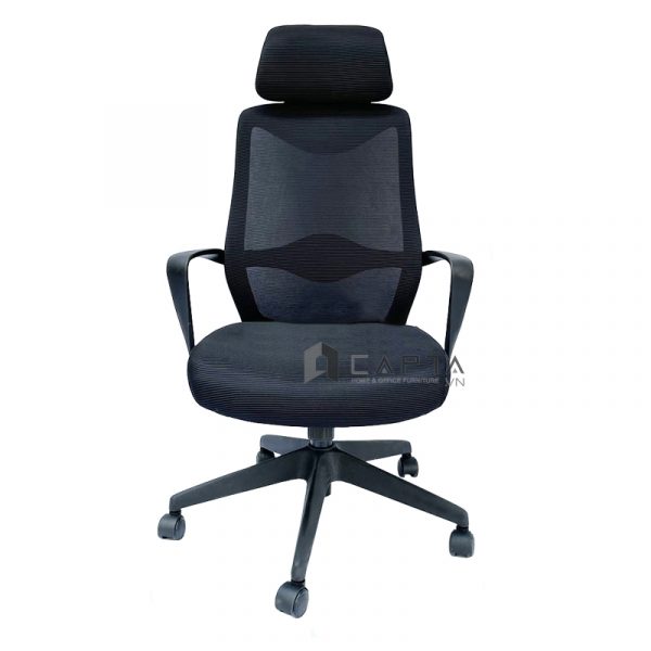 Ghế xoay văn phòng lưng lưới CM4288-M Nội thất Capta Ghế ngồi làm việc lưng lưới nệm vải màu đen có tựa đầu tay nhựa office chair