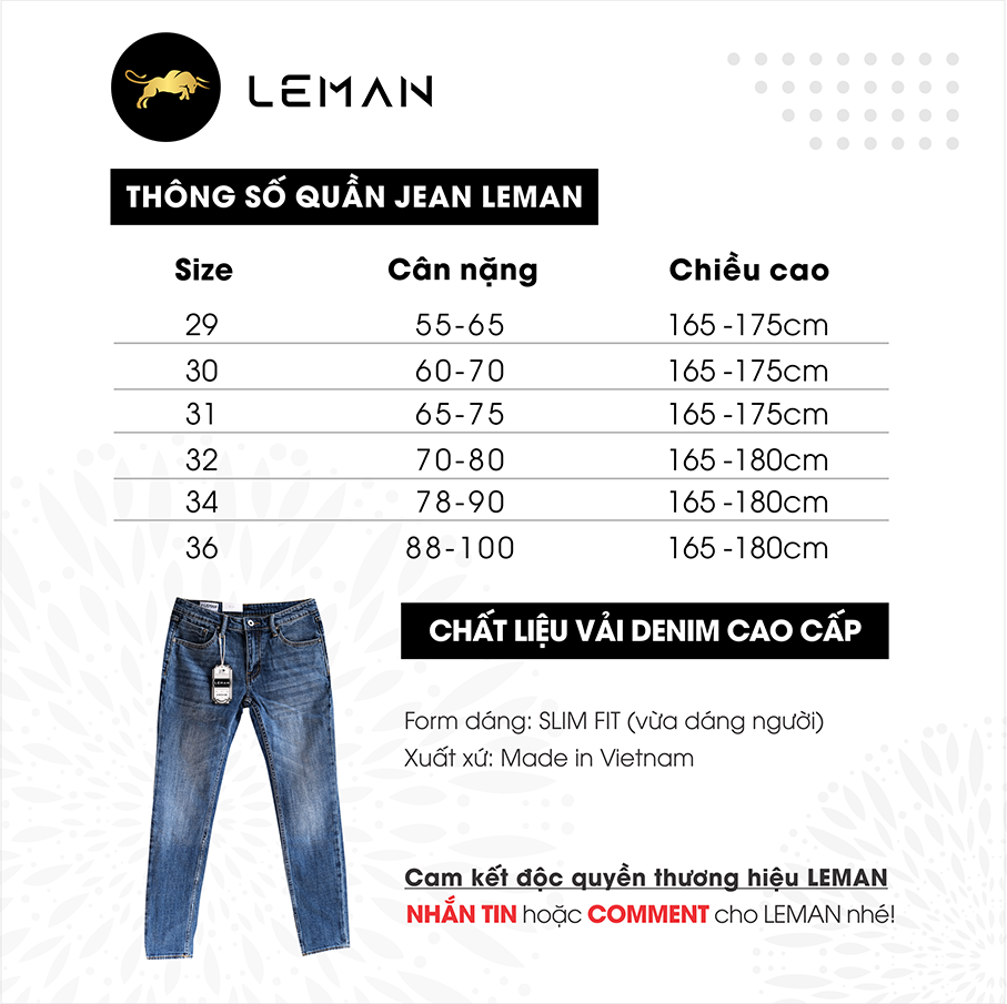 Quần Jean nam Leman xanh trơn JD02 - Slim Form