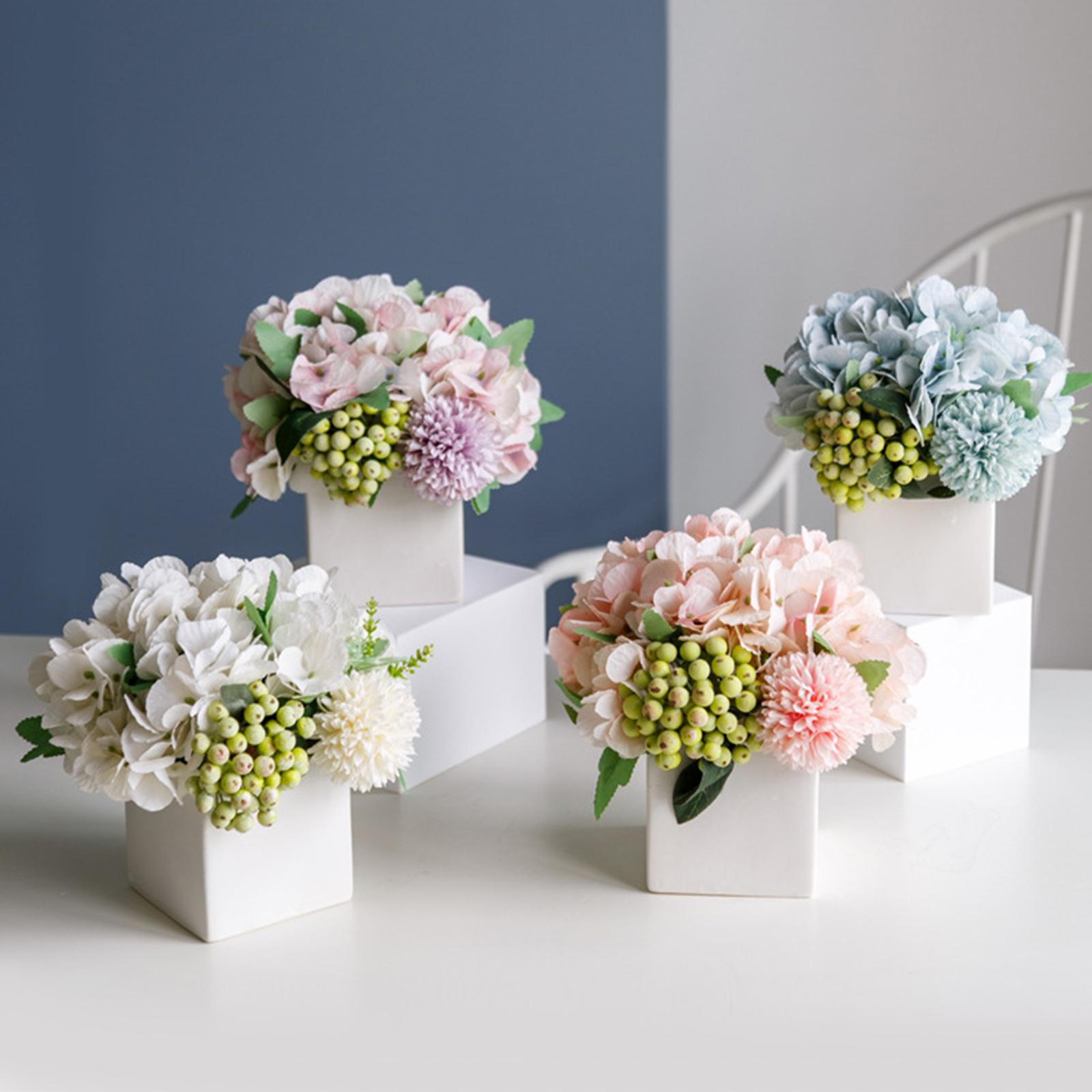 Artificial Silk Flowers in Ceramic Vase, Fake Hydrangea Flower Arrangements for Home Office Wedding Decor Artificial Flowers with Vase Gifts