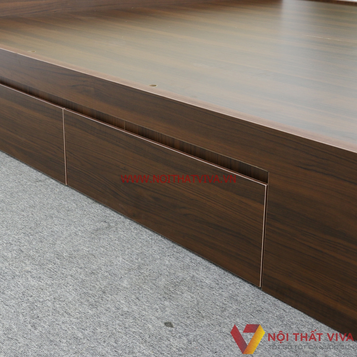 Giường Ngủ Gỗ MDF Melamine Màu Nâu Có Ngăn Kéo + Đầu Nệm Kem Đẹp