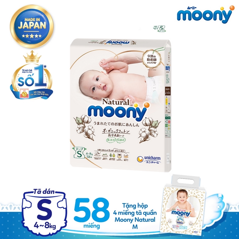 Tã dán Moony Natural S58 tặng hộp 4 miếng Tã quần Moony Natural M