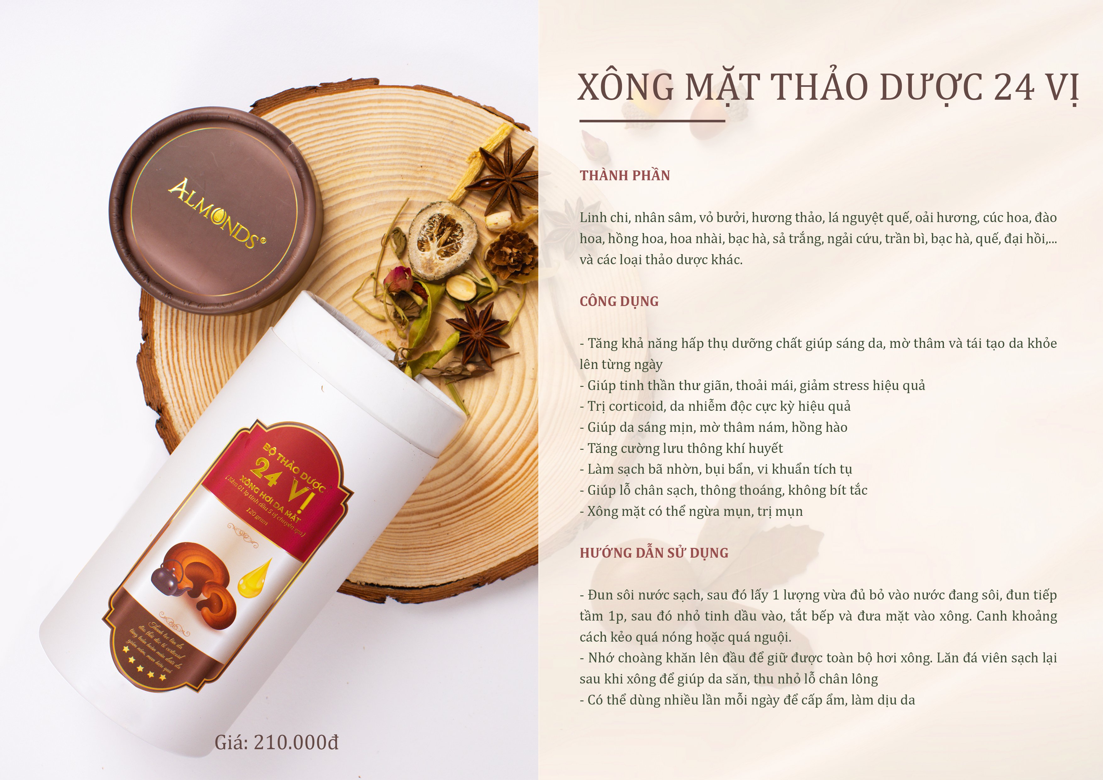 Xông mặt thảo dược 24 vị Almonds