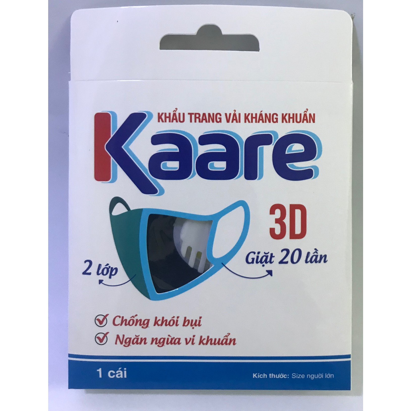 Khẩu trang vải  Kaare 3D, 2 lớp, kháng khuẩn, có van thở  sử dụng 20 lần - hộp 1 cái