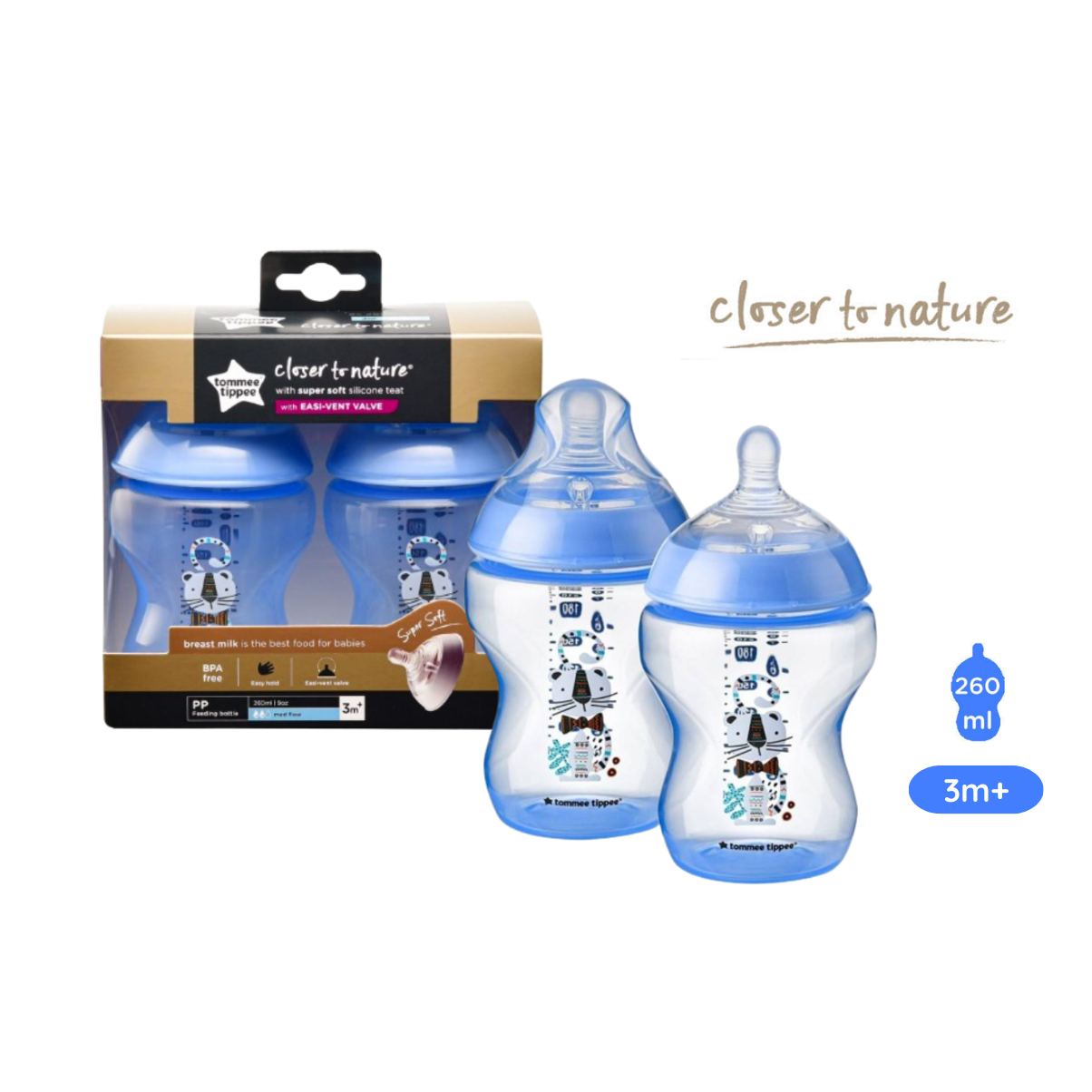 Bình Sữa Ty Siêu Mềm Tự Nhiên Tommee Tippee Closer To Nature 260ml, Núm Ty Của Bình 3-6 Tháng – Xanh Dương (Bình Đôi)