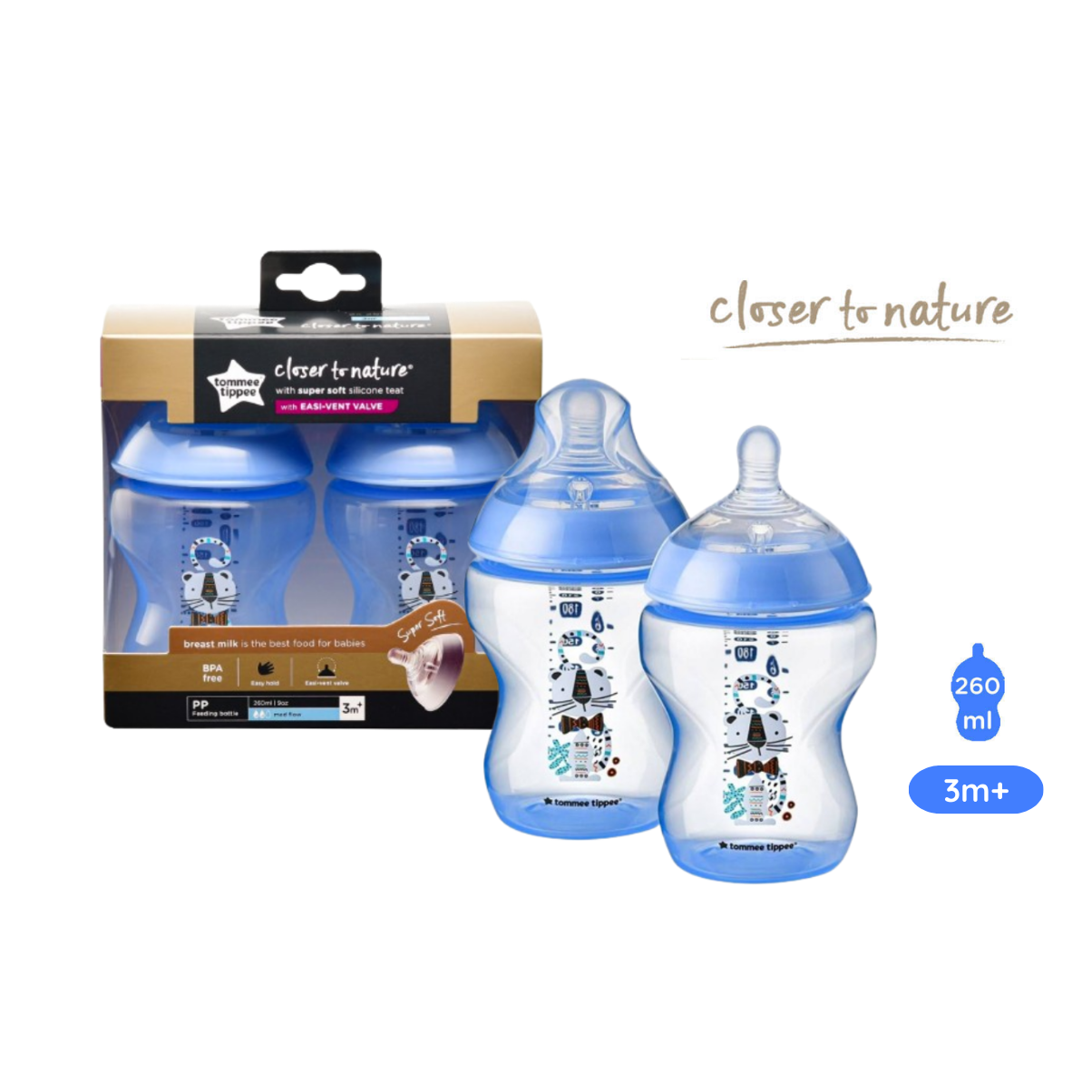 Bình sữa ty siêu mềm tự nhiên Tommee Tippee Closer to Nature 260ml, núm ty đi kèm 3-6 tháng – Xanh dương (Bình đôi)