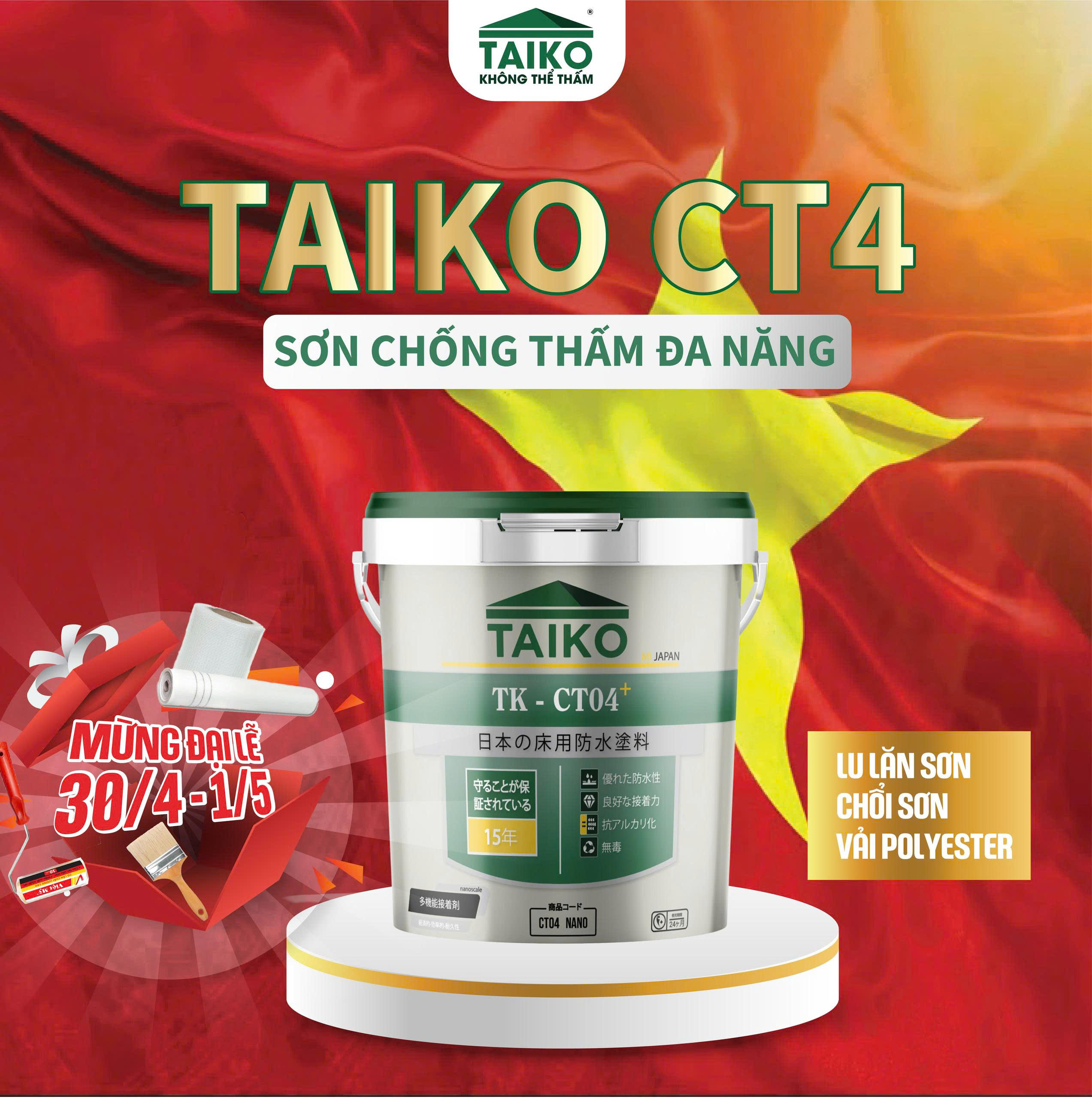 Combo 2 Kg Sơn Chống Thấm Ngược, Môi Trường Ẩm Nhà Vệ Sinh, Bể Cá, Bể Âm TAIKO CT4 - Tặng Kèm Vải Kết Cấu