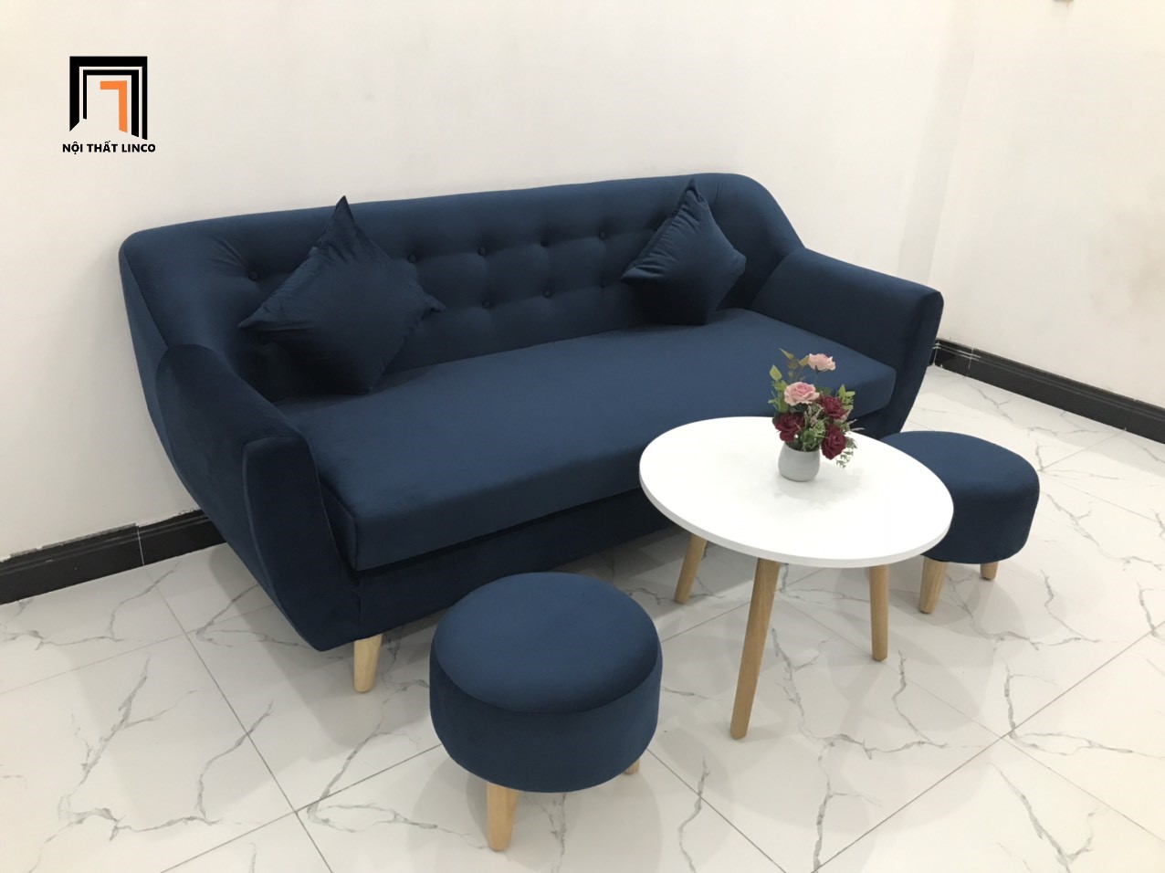 Bộ ghế sofa băng NL xanh dương đậm vải nhung nhiều kích cỡ