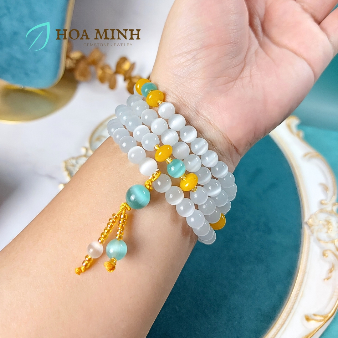 Vòng tay đá Mắt Mèo trắng size hạt 8 li chuỗi 108 hạt phối mắt mèo xanh, hạt bánh xe mã não vàng