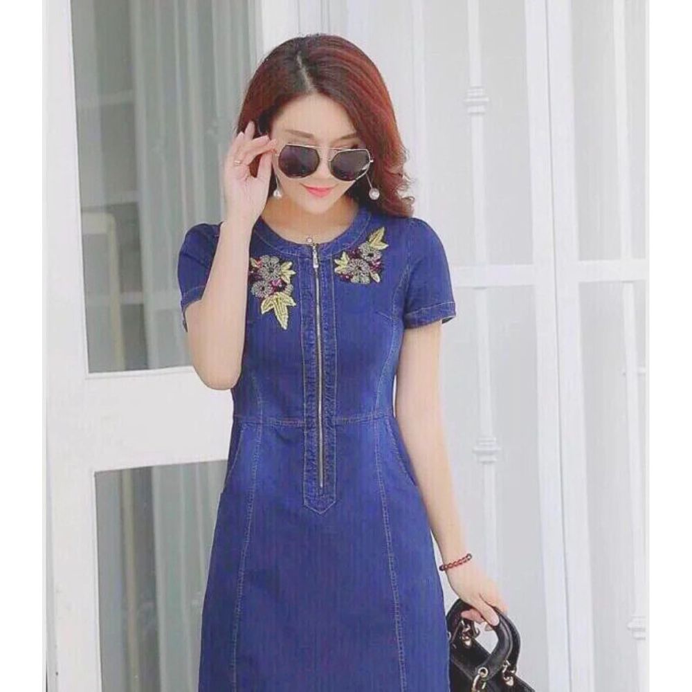 Đầm Denim Chữ A Thời Trang Thêu Hoa,đi chơi,đi làm hay đi tiệc đều đẹp ạh