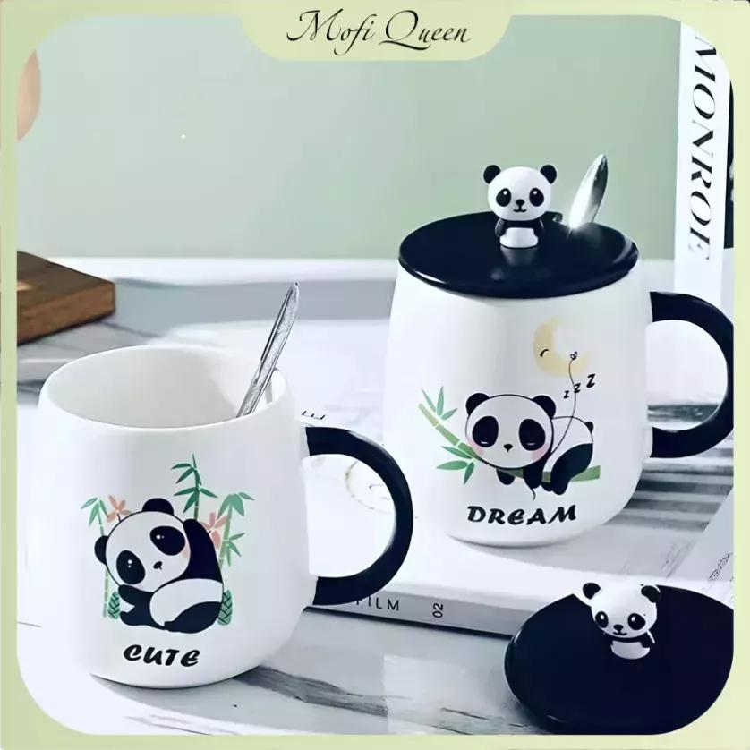 Cốc sứ trắng uống cà phê, Ly sứ có nắp, Quà lưu niệm, cute kèm muỗng và nắp hình gấu panda đáng yêu 450ml
