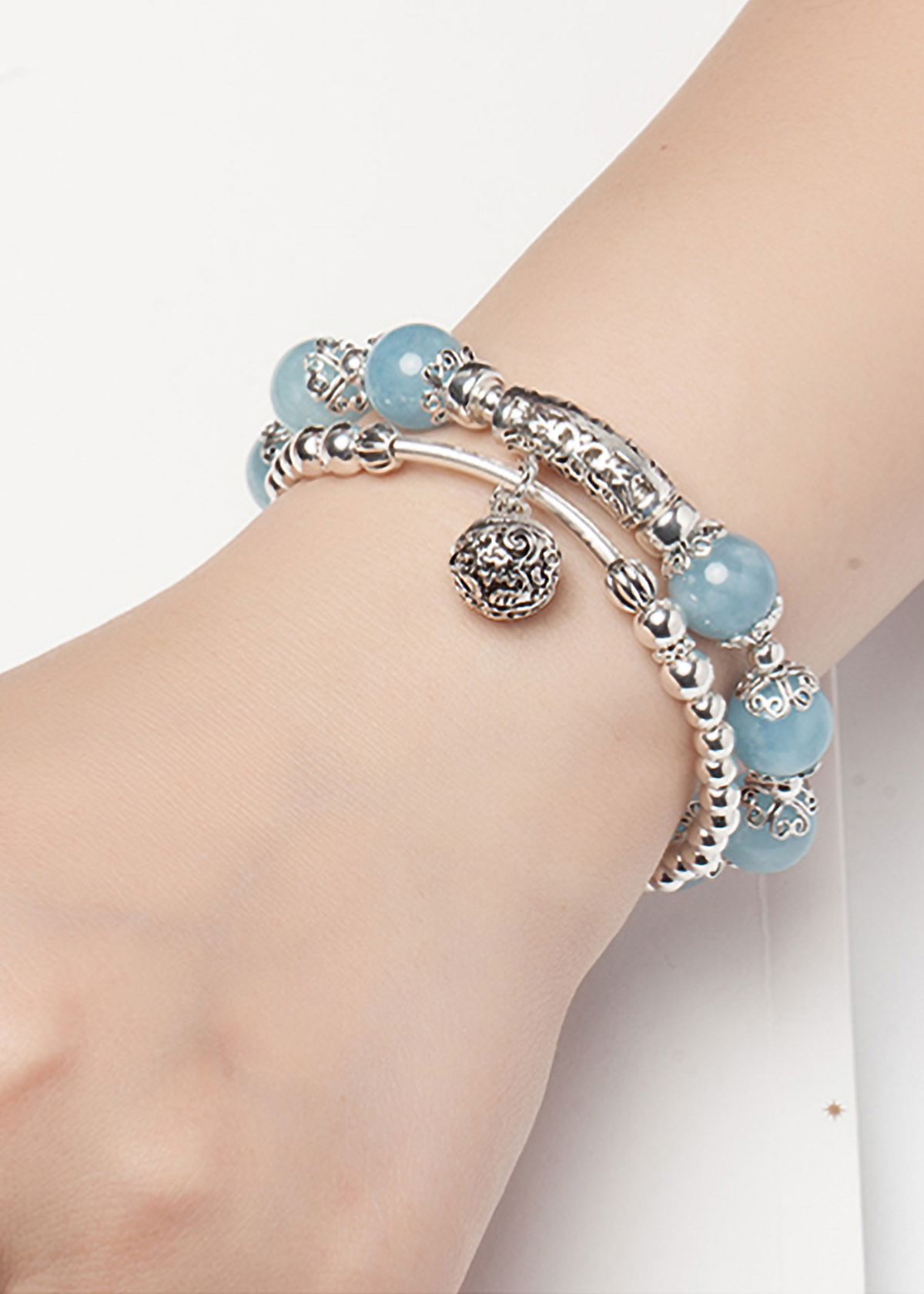 Vòng 2 line đá Aquamarine phối charm bạc size hạt 10mm mệnh thủy, mộc - Ngọc Quý Gemstones