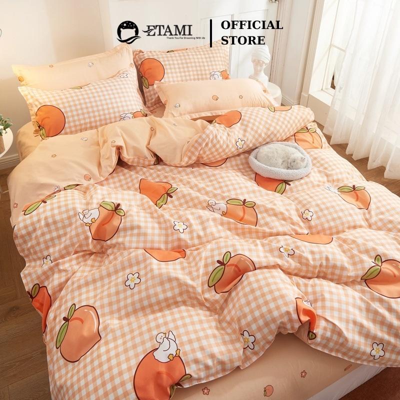 Bộ chăn ga gối đệm cao cấp cotton poly quả đào cam cute miễn phí bo chun drap giường , ga trải giường P08