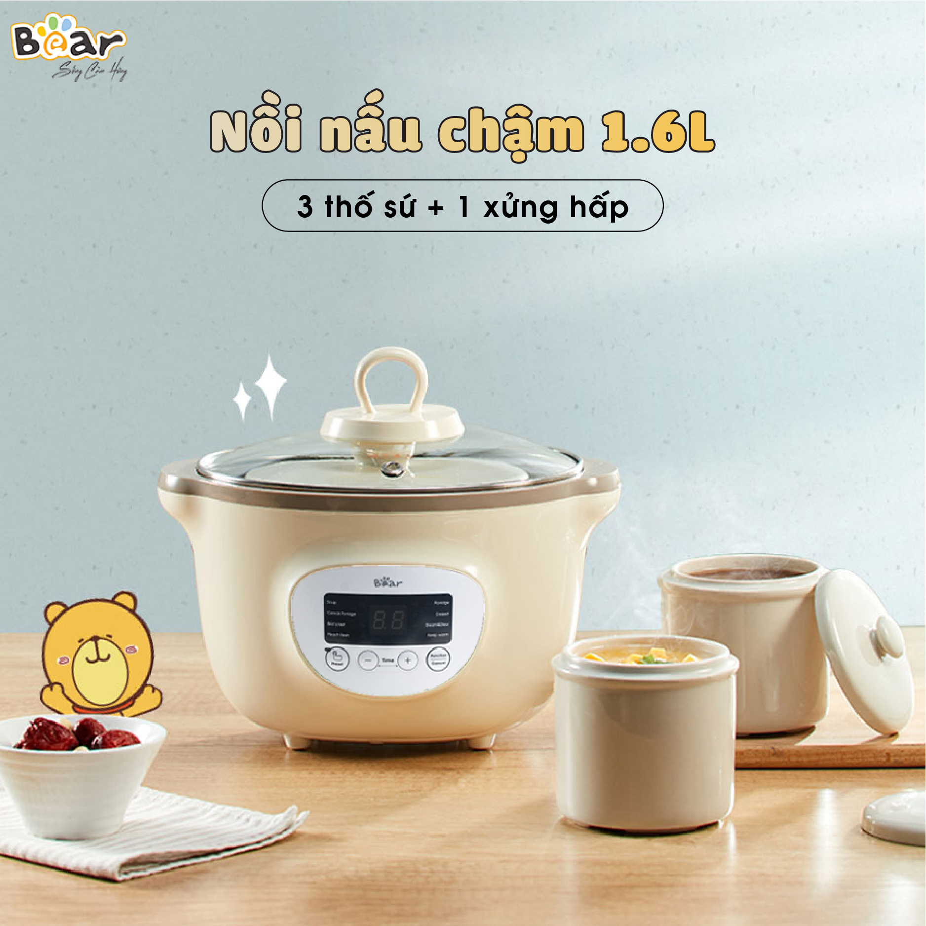 Nồi nấu cháo cho bé ninh hầm cách thuỷ 1.6L có thể vừa nấu vừa hấp củ quả - Hàng nhập khẩu