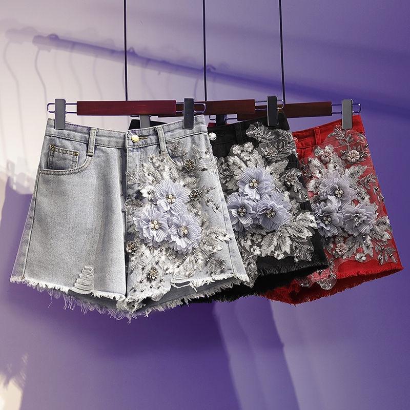 Quần Short Nữ Thêu Họa Tiết Phong Cách Châu Âu Denim Dáng Rộng Lưng Cao