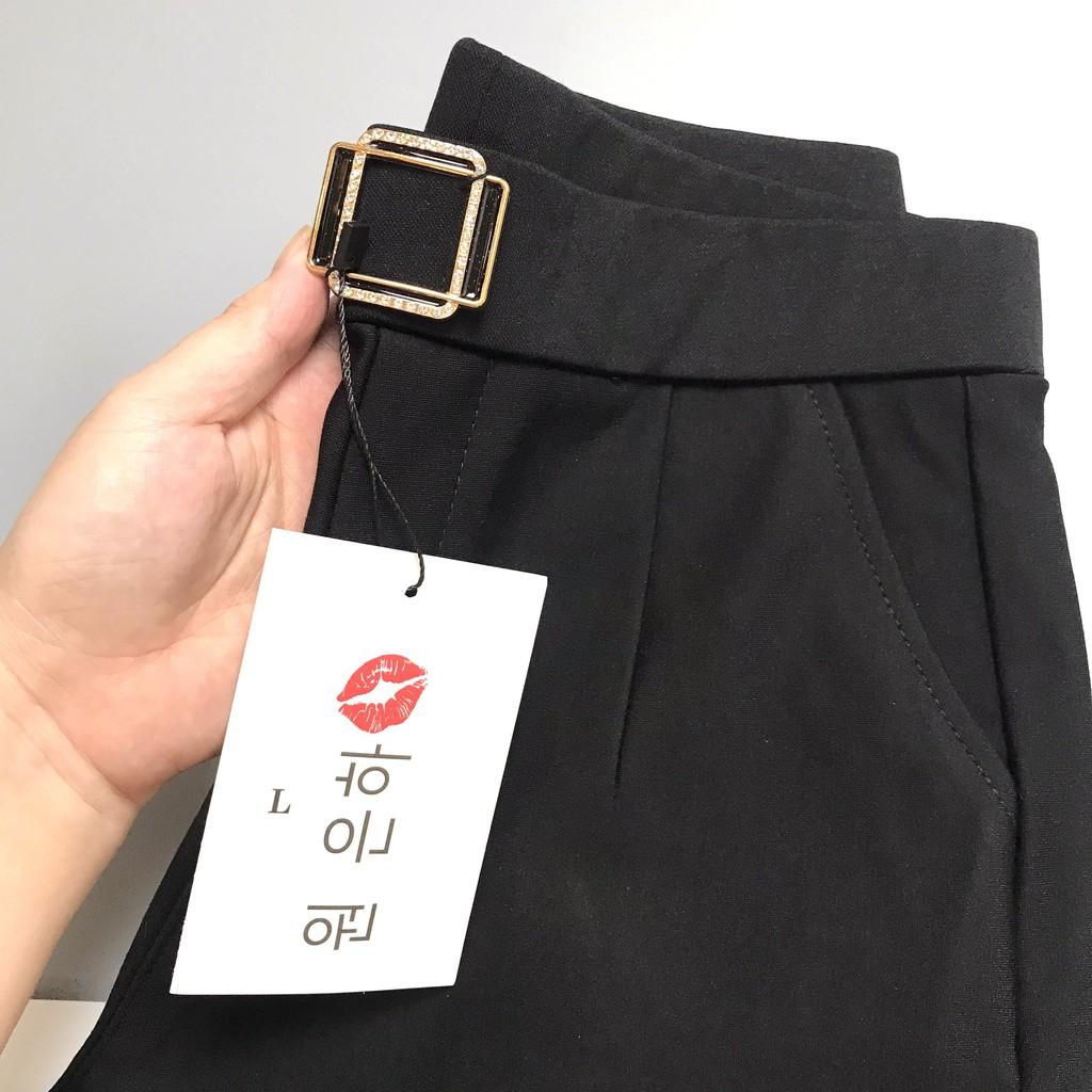 Quần short nữ Hiền Trần BOUTIQUE cạp cao, khuyên đá chất vải Umi Hàn cao cấp co giãn tốt tôn dáng