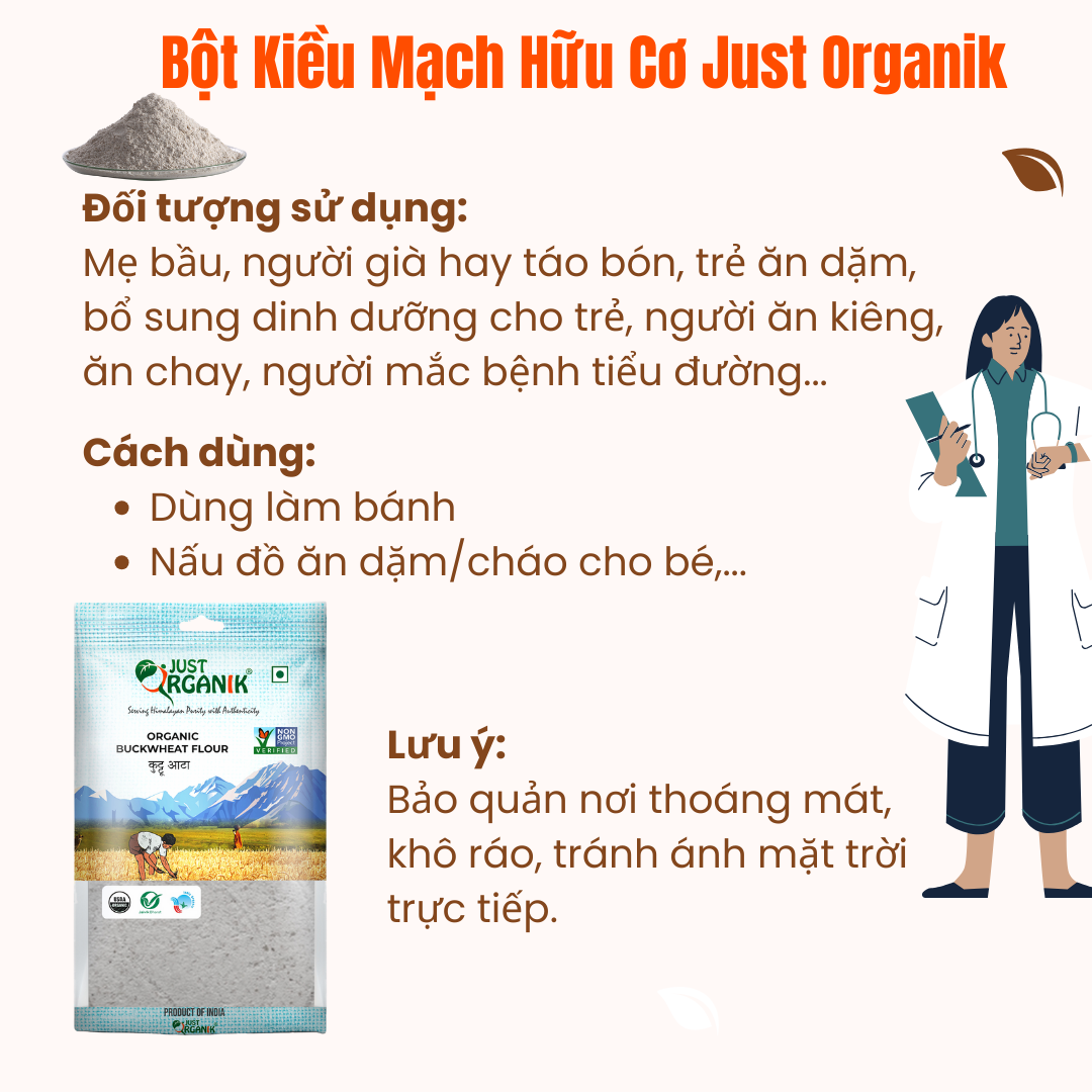 Bột Kiều Mạch Buckwheat Flour Hữu Cơ Just Organik Nhập Khẩu Ấn Độ ăn Dặm Cho Bé Tốt Cho Mẹ Bầu 500g