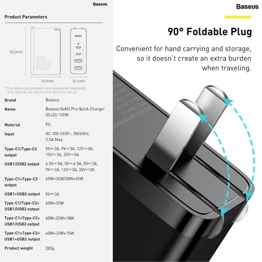 Bộ sạc nhanh 100W Baseus GaN2 Pro Quick Charger 4 Ports (Type C*2 &amp; USB*2)- Hàng chính hãng