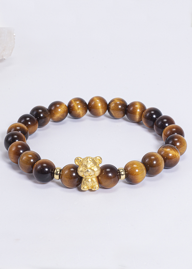 Vòng Tay Phong Thủy Đá Mắt Hổ Vàng Nâu Phối Charm Tuổi Dần Bạc Mạ Vàng 24K Mệnh Thổ, Kim Ngọc Quý Gemstones