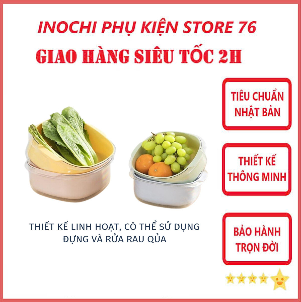 Bộ Thau Rỗ Vuông YOKO 23-27cm Sản Xuất Theo Tiêu Chuẩn Nhật Bản Công nghệ ion Ag+ giúp kháng khuẩn khử mùi - Chính hãng INOCHI ( Tặng kèm khăn lau PaKaSa)