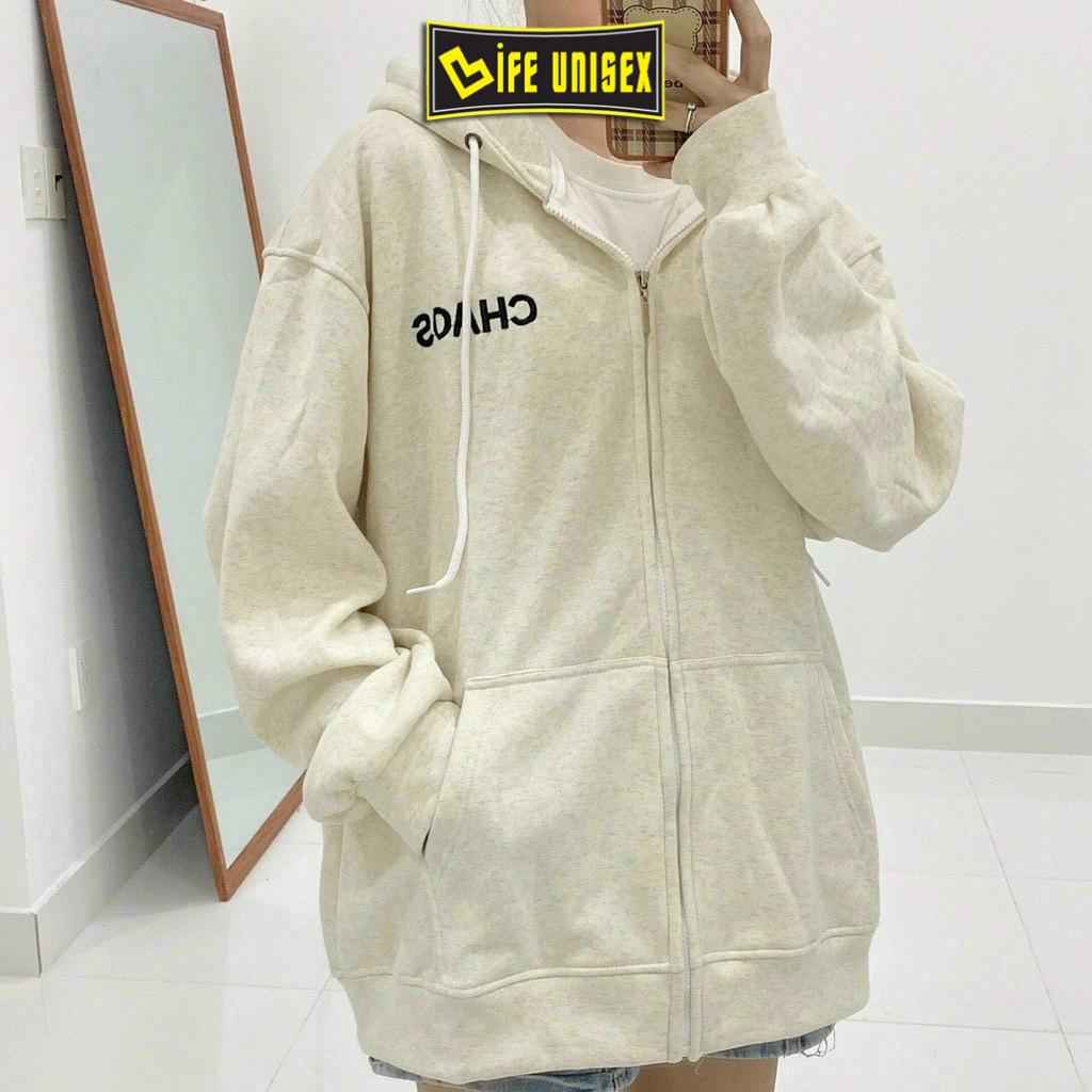 Áo khoác nỉ hoodie dây kéo THÊU CHỮ CHAOS Áo khoác Chống nắng Nam Nữ Phong cách Unisex form rộng Unisex