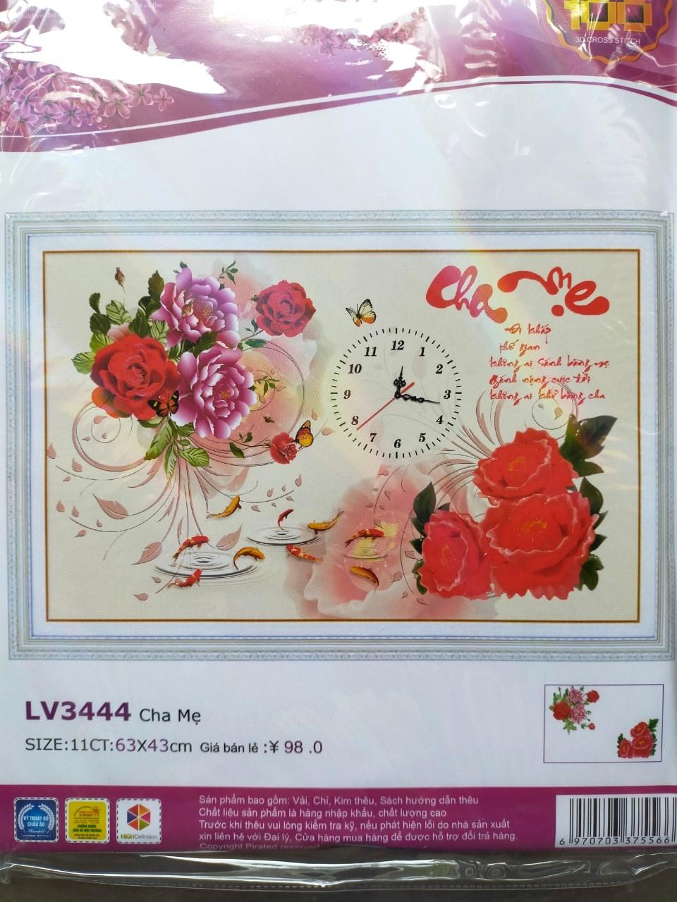 Tranh thêu chữ thập đồng hồ cha mẹ hoa hồng LV3444 - 63 x 43 cm - chưa thêu